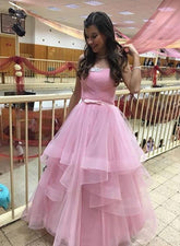 Charming Pink Tulle Strapless Sweet 16 Long Prom Dress